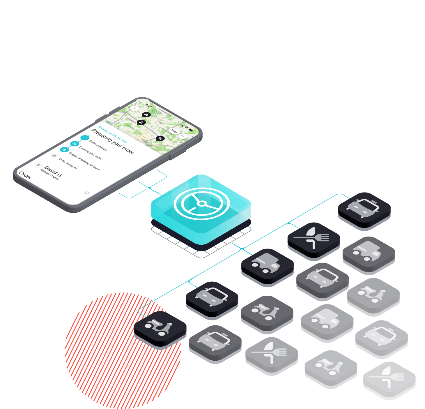 Smartphone showing a map and directions, from which several icons showing different delivery options emerge