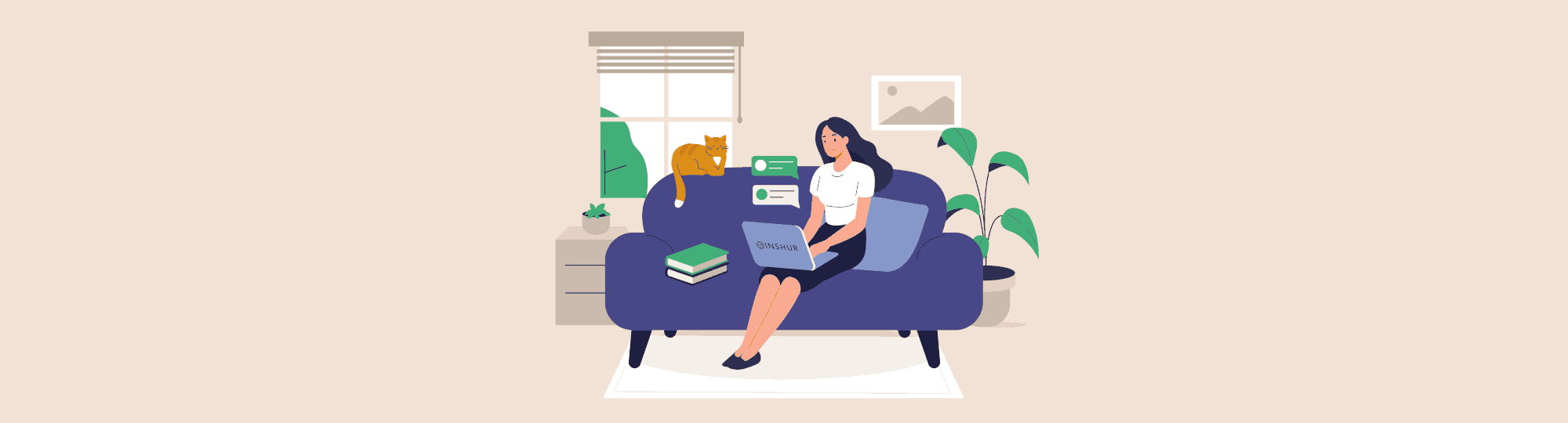 Illustration of a woman seated on a blue sofa and working on her laptop, surrounded by books, house plants, and her pet cat