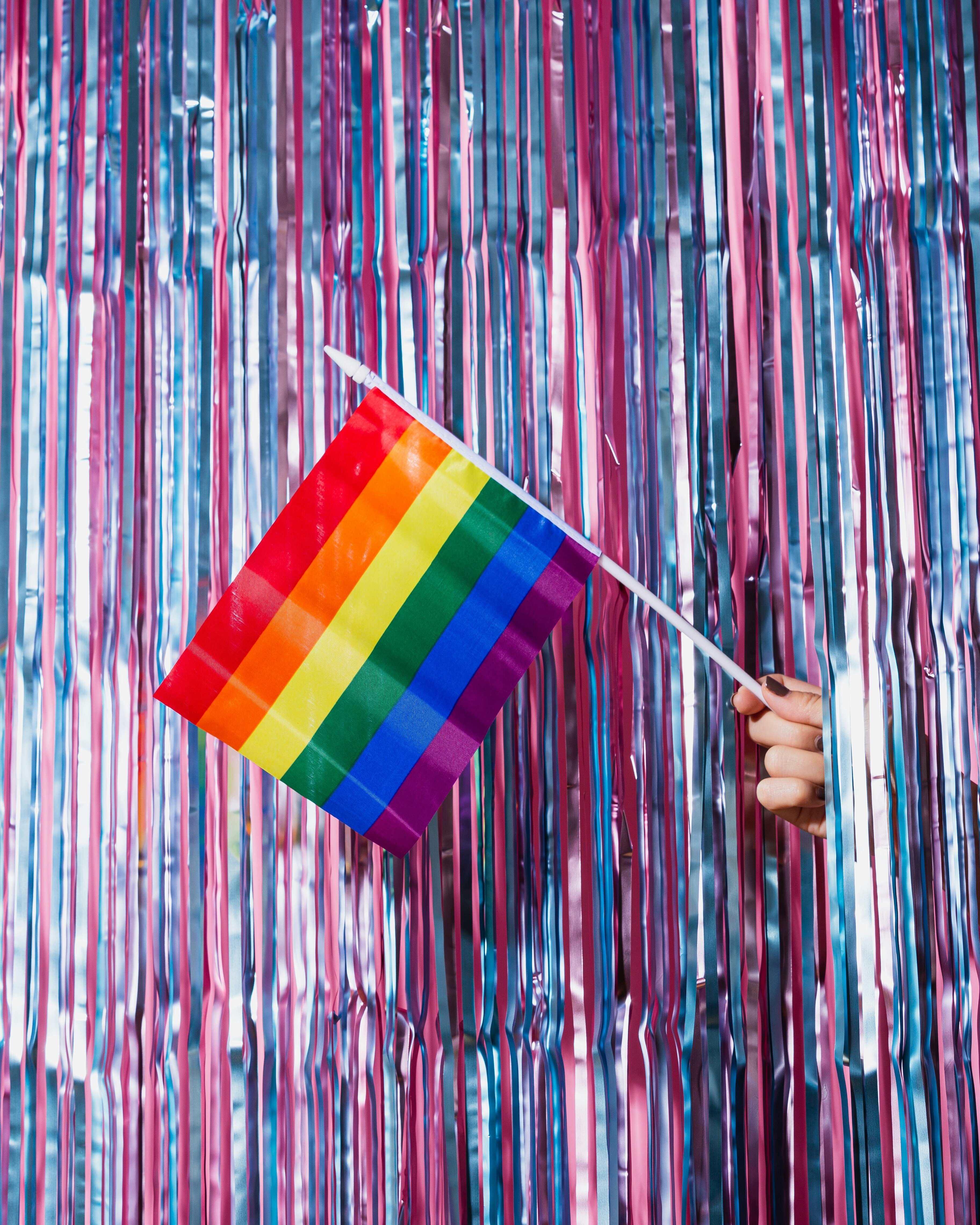 A rainbow flag in front of a pink and silver sparkly curtain